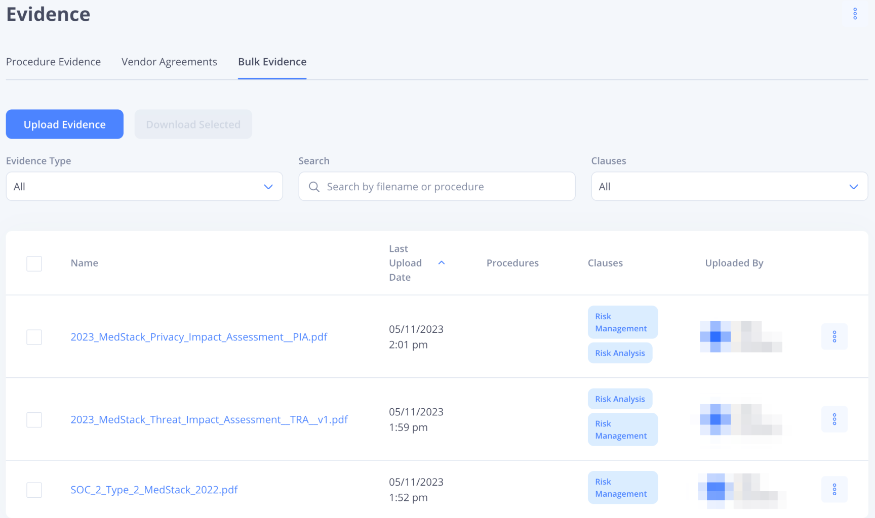MedStack's Privacy Impact Assessment (PIA), Threat Impact Assessment (TIA)/Threat Risk Assessment (TRA), and SOC 2 Type 2 report uploaded as bulk evidence.